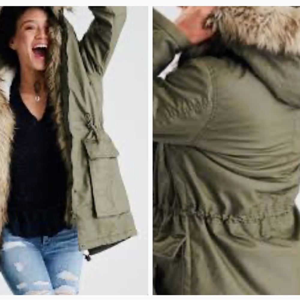 American Eagle Army Green Fur Trim Removable Hood Full Zip Jacket Coat Size XS - Picture 12 of 12
